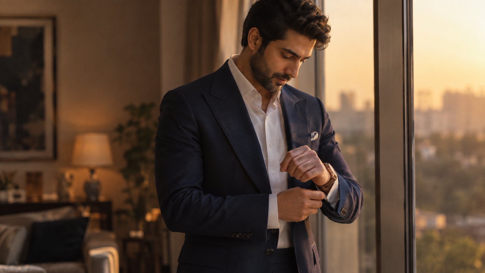 A gentleman in a bespoke navy suit fastening his cuff at golden hour