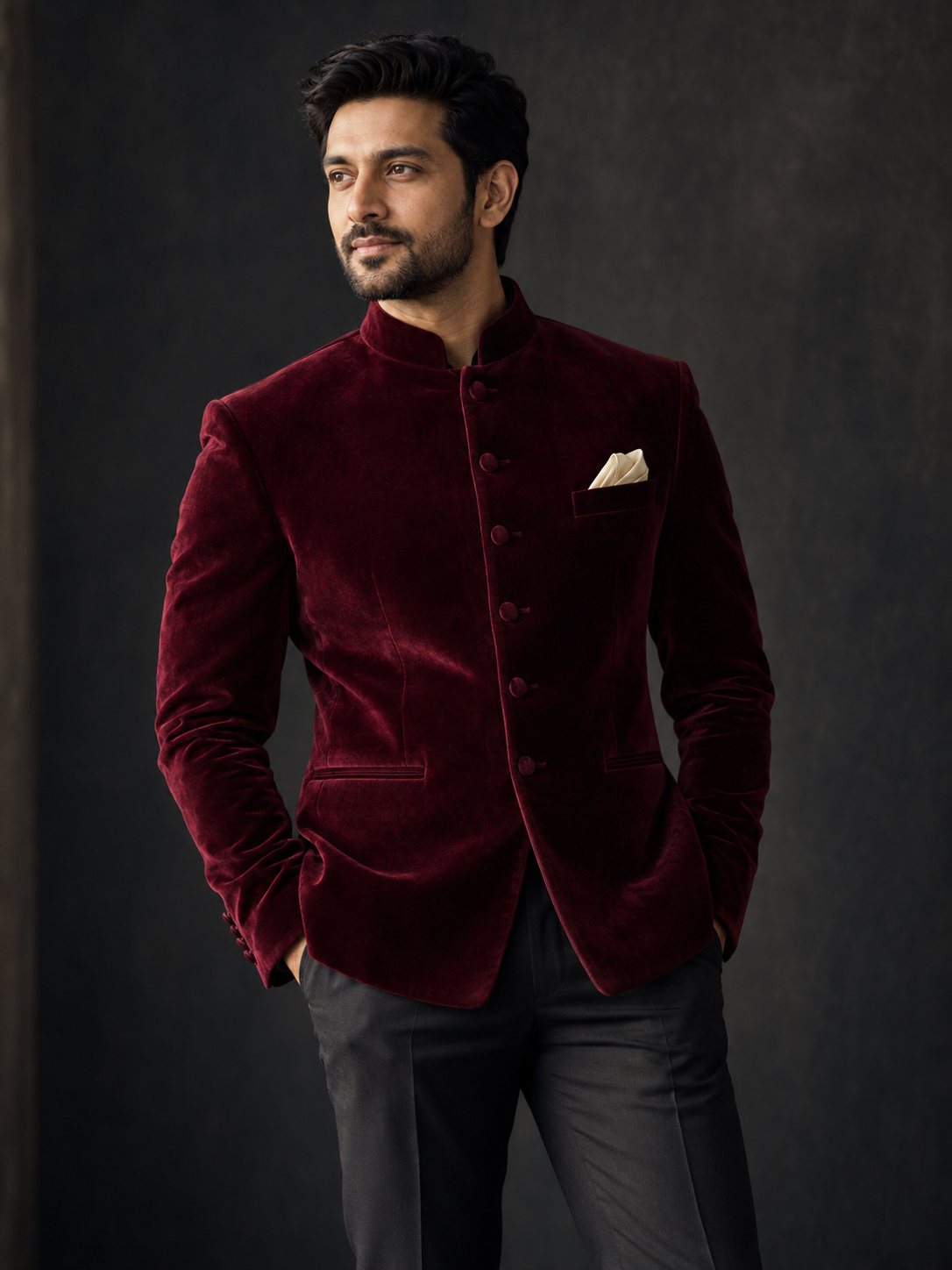 A groom in a burgundy velvet bandhgala
