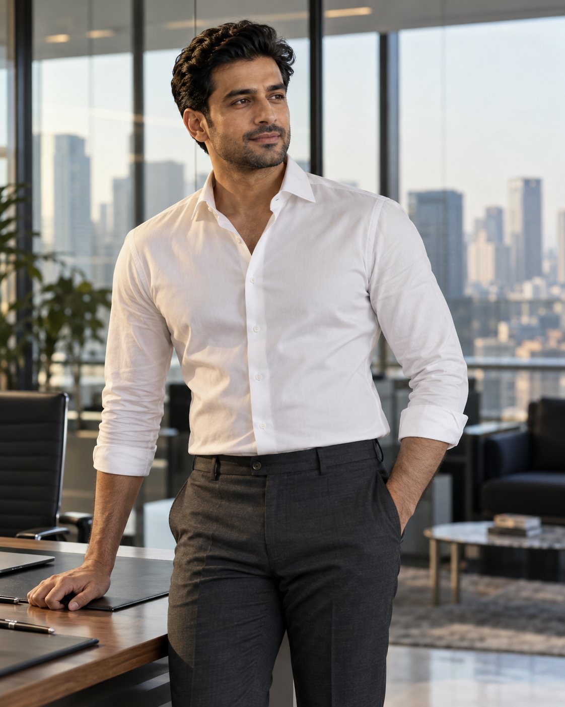 A gentleman in a bespoke white shirt and grey trousers