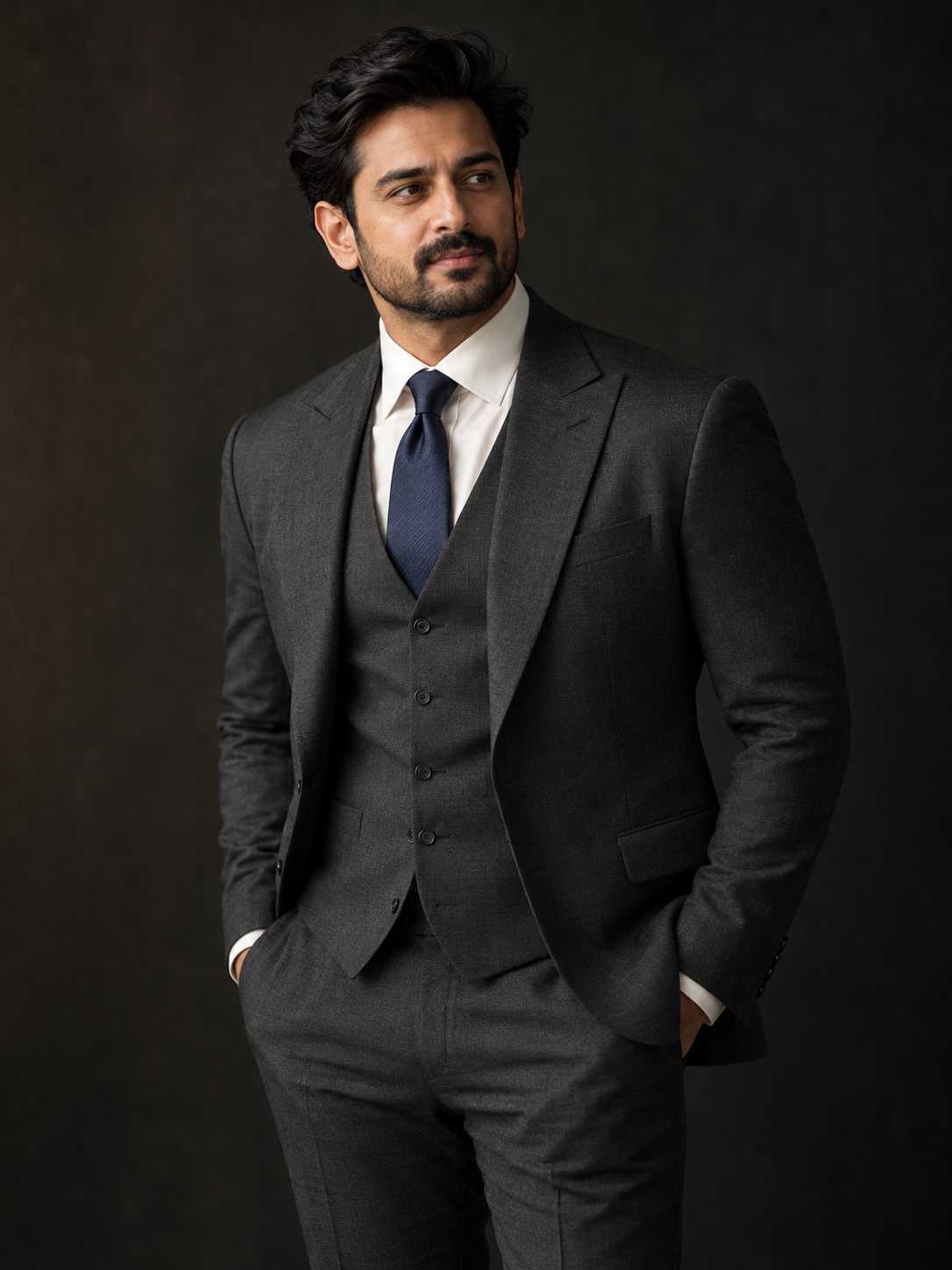 A gentleman in a bespoke charcoal three-piece suit