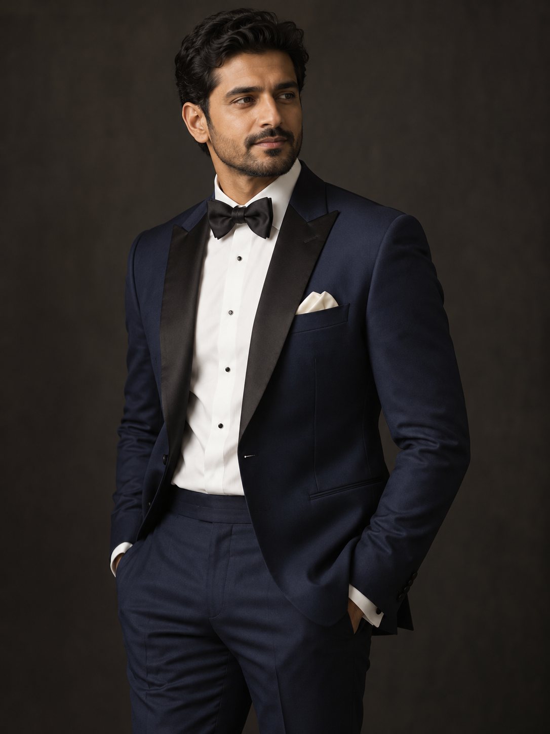A gentleman in a navy peak-lapel tuxedo with a black bow tie